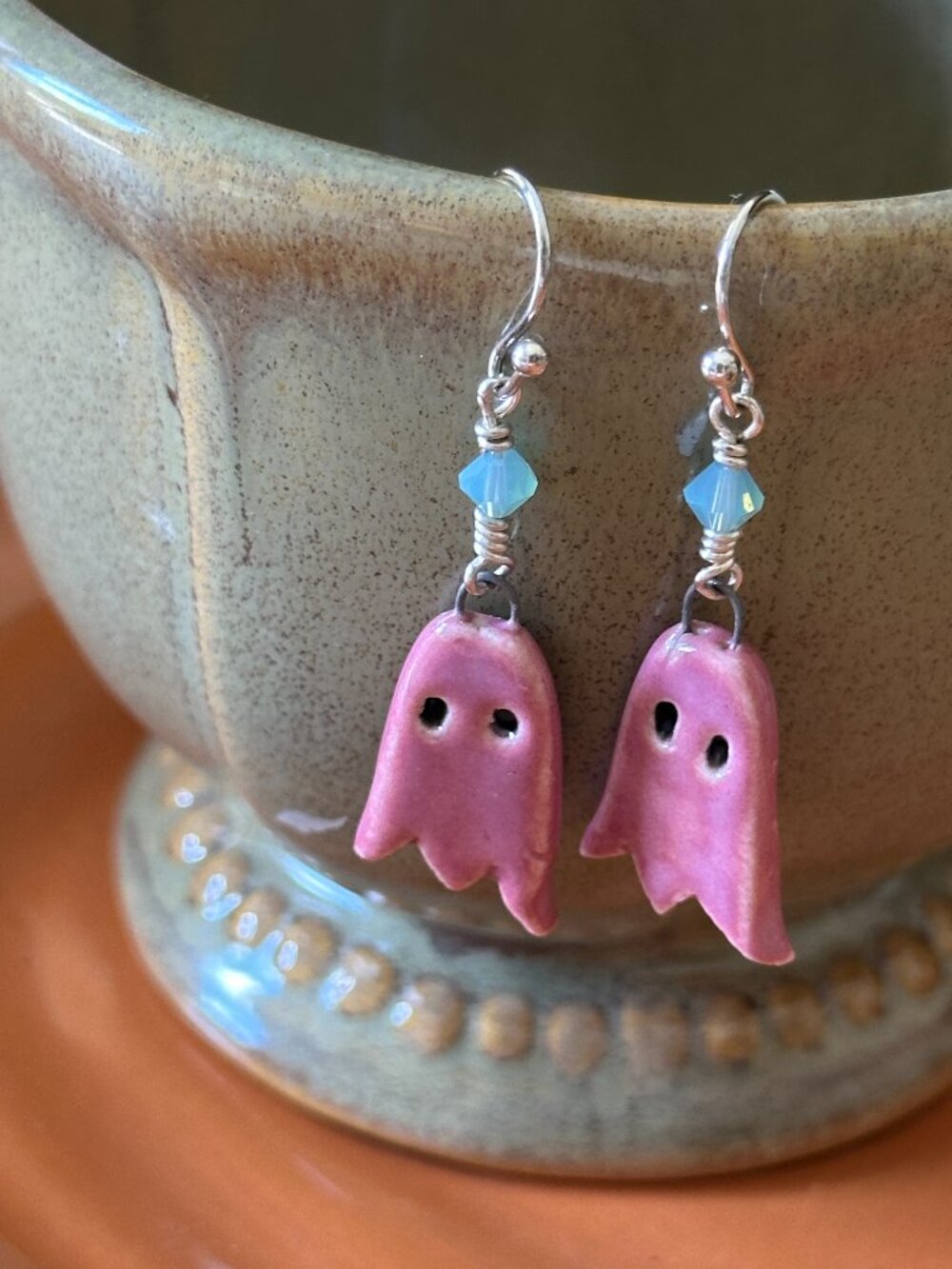 NEW Handmade Ghost Earrings-Sterling Silver, Crystal & Ceramic-Pink & Green